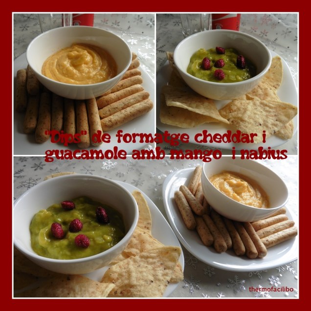 dips de formatge cheddar i guacamole amb mango